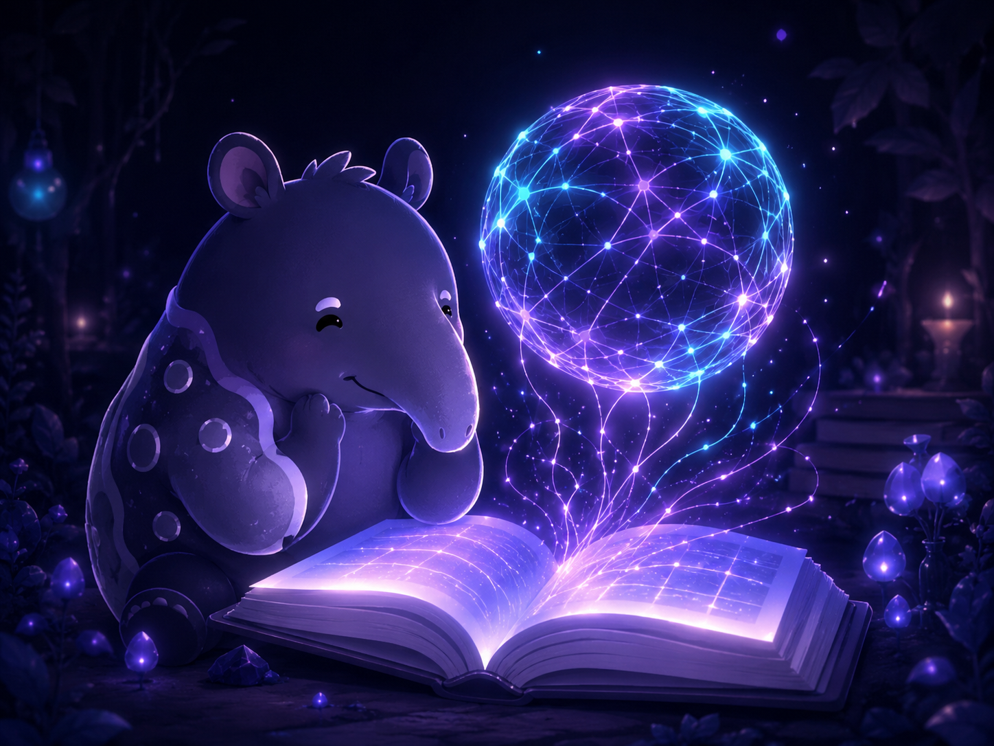 紫の光の球と本をデータの糸でつなぐAI。あなたの失敗パターンを優しく読み解くイメージ