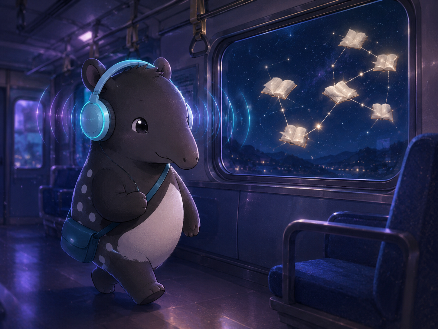 ヘッドホンをつけたバクが夜の電車に乗っている。記事をながら聴きするイメージ