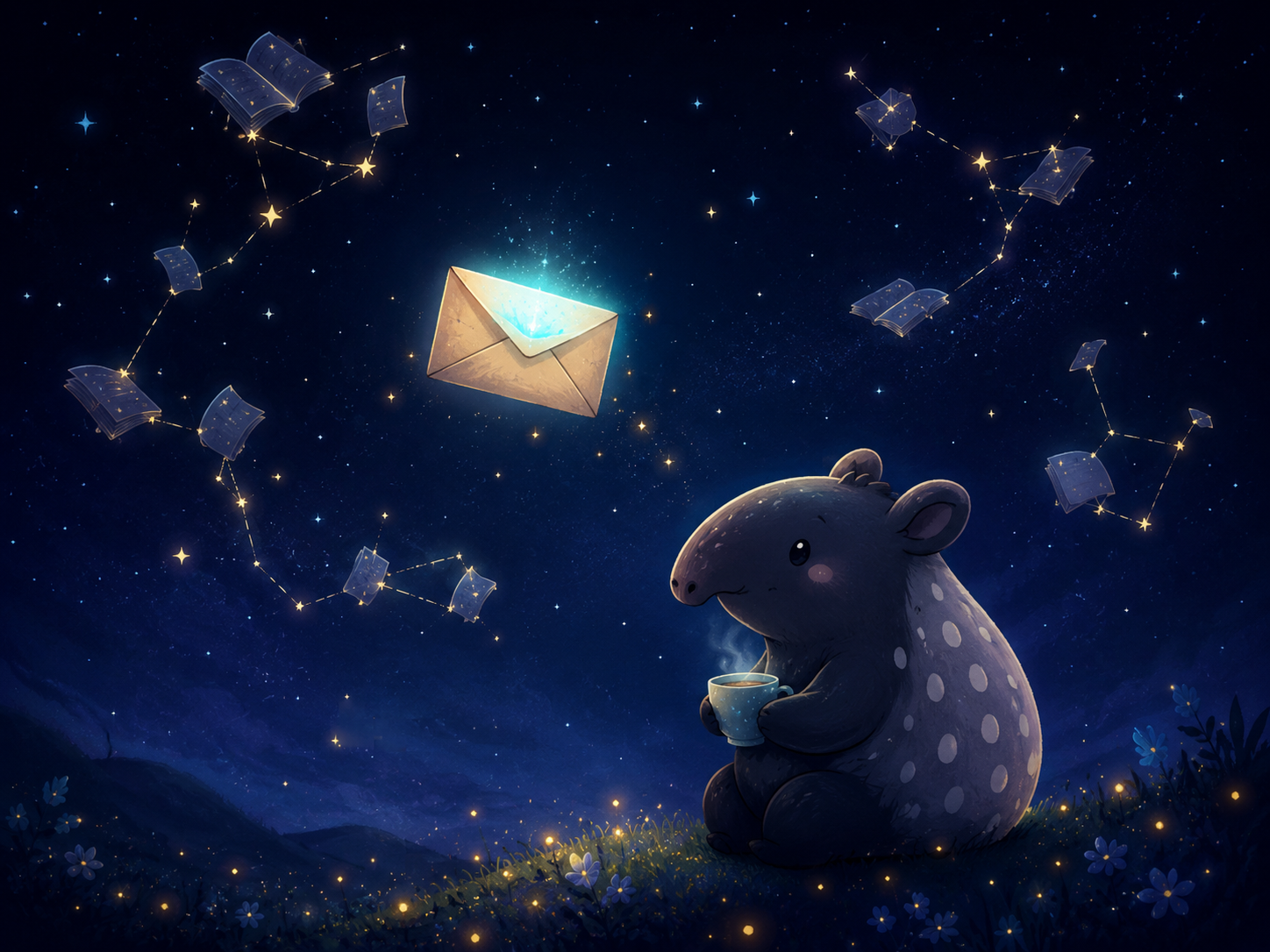 夜空を漂う光る封筒を見上げるバク。大事な更新だけ静かに届くイメージ