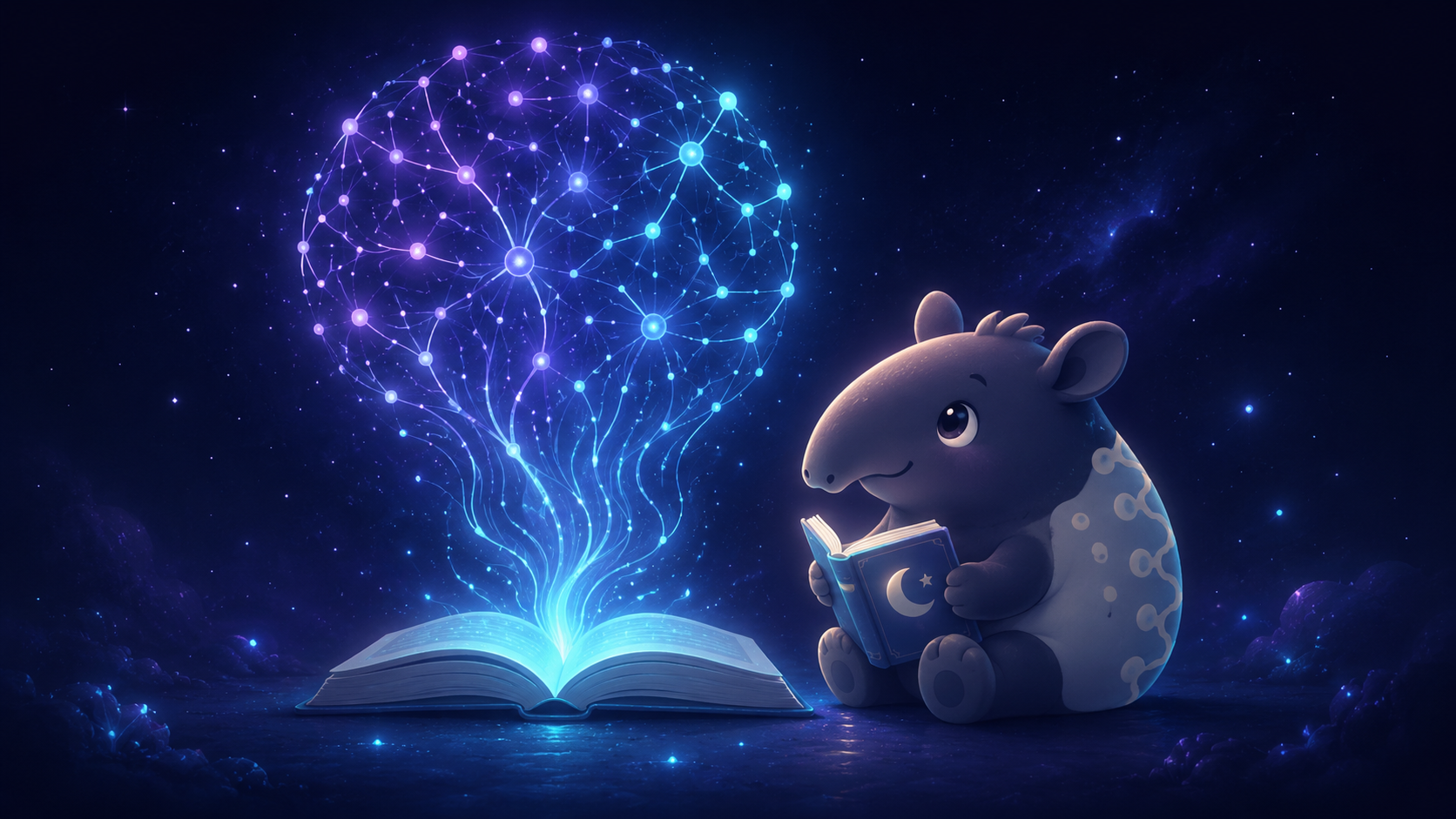 光るAIの球体と本を見上げるバク。AIが優しく失敗を読み解くイメージ