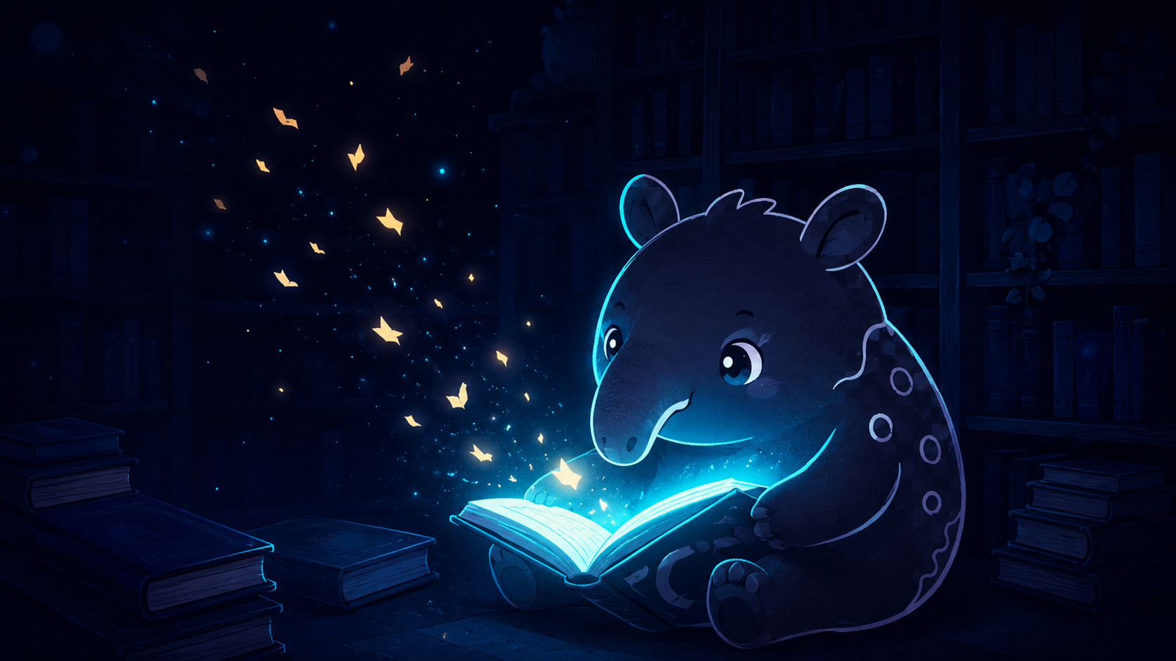 夜の図書館で本を読むバク。失敗談が知恵に変わる場所のイメージ
